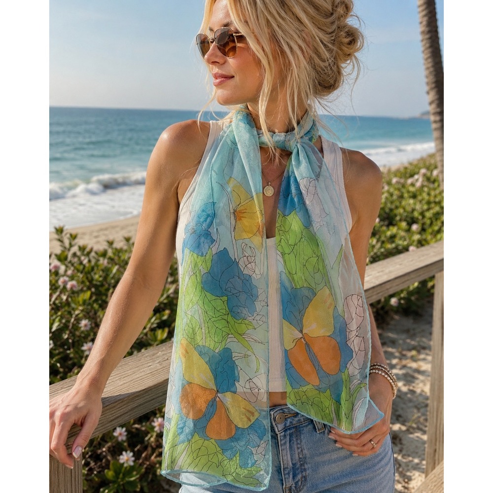 Vintage Vera Neumann Scarf Butterfly Floral Sheer Aqua Blue Orange 47"